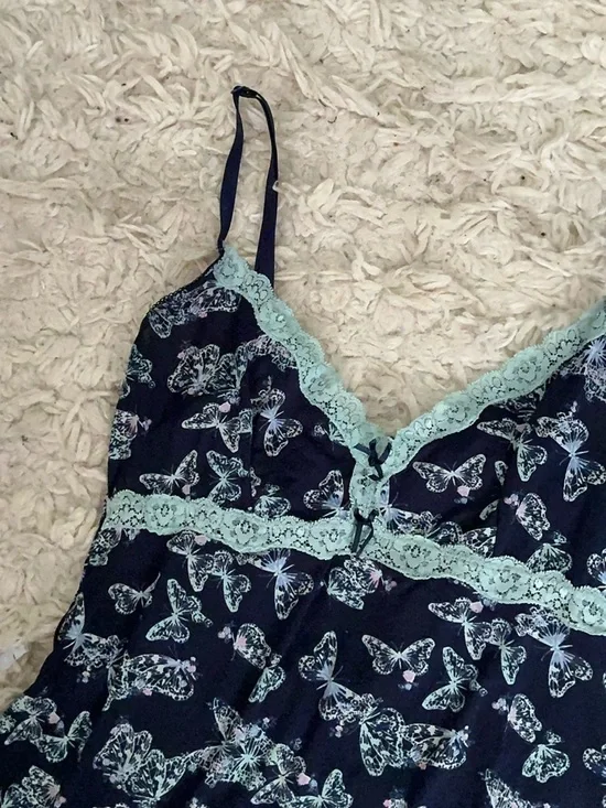 Y2K Navy Blue Lace Trim Butterfly Cami Top - Picture 3 of 4